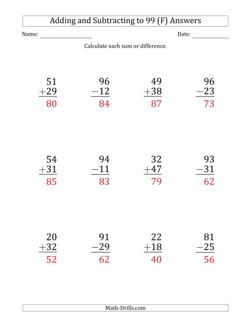 The Large Print Adding and Subtracting 2-Digit Numbers with Sums and Minuends up to 99 (12 Questions) (F) Math Worksheet Page 2