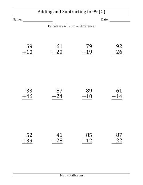 The Large Print Adding and Subtracting 2-Digit Numbers with Sums and Minuends up to 99 (12 Questions) (G) Math Worksheet