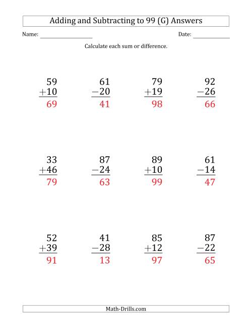 The Large Print Adding and Subtracting 2-Digit Numbers with Sums and Minuends up to 99 (12 Questions) (G) Math Worksheet Page 2