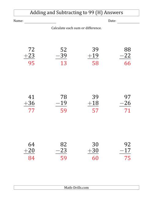 The Large Print Adding and Subtracting 2-Digit Numbers with Sums and Minuends up to 99 (12 Questions) (H) Math Worksheet Page 2