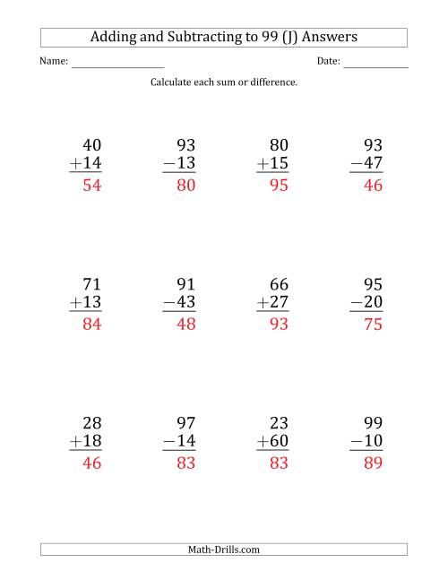 The Large Print Adding and Subtracting 2-Digit Numbers with Sums and Minuends up to 99 (12 Questions) (J) Math Worksheet Page 2