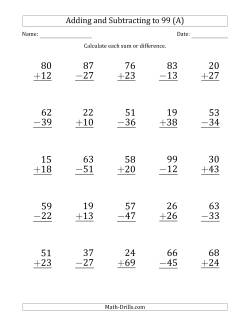 Large Print Adding and Subtracting 2-Digit Numbers with Sums and Minuends up to 99 (25 Questions)
