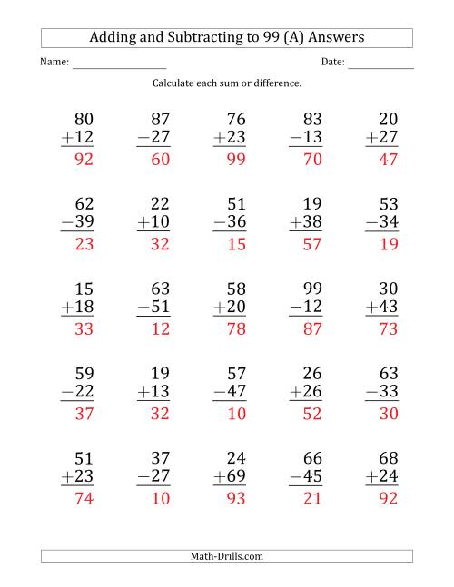 The Large Print Adding and Subtracting 2-Digit Numbers with Sums and Minuends up to 99 (25 Questions) (A) Math Worksheet Page 2