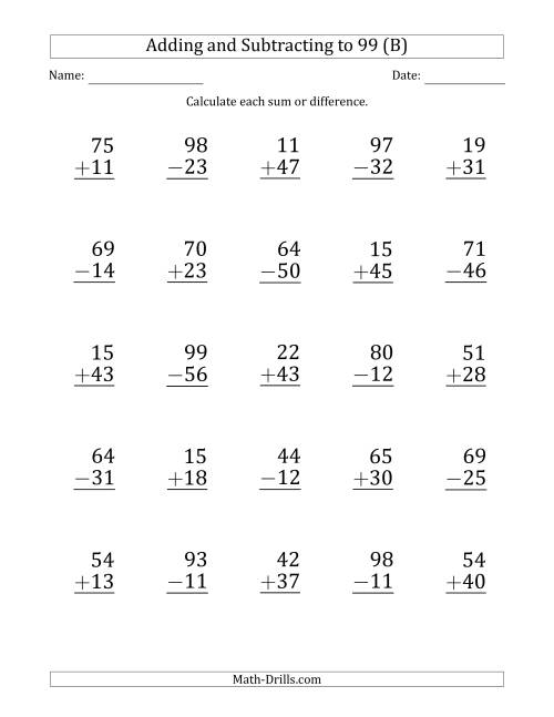The Large Print Adding and Subtracting 2-Digit Numbers with Sums and Minuends up to 99 (25 Questions) (B) Math Worksheet