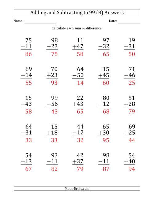 The Large Print Adding and Subtracting 2-Digit Numbers with Sums and Minuends up to 99 (25 Questions) (B) Math Worksheet Page 2
