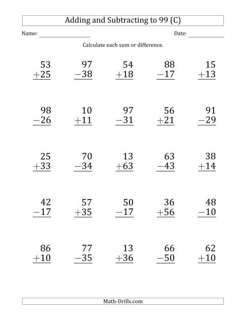 The Large Print Adding and Subtracting 2-Digit Numbers with Sums and Minuends up to 99 (25 Questions) (C) Math Worksheet