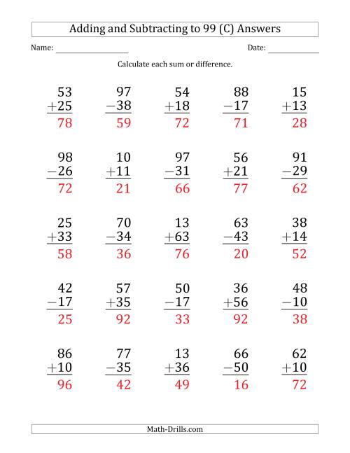 The Large Print Adding and Subtracting 2-Digit Numbers with Sums and Minuends up to 99 (25 Questions) (C) Math Worksheet Page 2