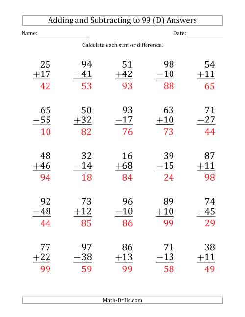 The Large Print Adding and Subtracting 2-Digit Numbers with Sums and Minuends up to 99 (25 Questions) (D) Math Worksheet Page 2