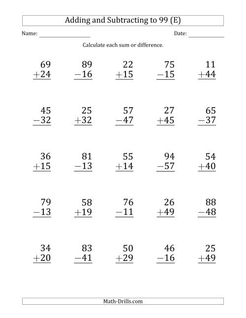 The Large Print Adding and Subtracting 2-Digit Numbers with Sums and Minuends up to 99 (25 Questions) (E) Math Worksheet