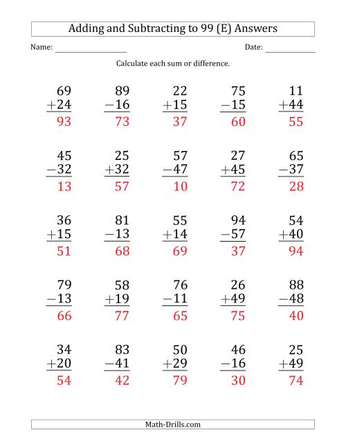 The Large Print Adding and Subtracting 2-Digit Numbers with Sums and Minuends up to 99 (25 Questions) (E) Math Worksheet Page 2
