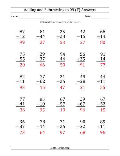 The Large Print Adding and Subtracting 2-Digit Numbers with Sums and Minuends up to 99 (25 Questions) (F) Math Worksheet Page 2