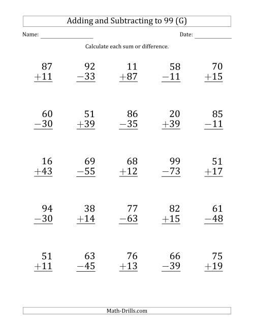 The Large Print Adding and Subtracting 2-Digit Numbers with Sums and Minuends up to 99 (25 Questions) (G) Math Worksheet