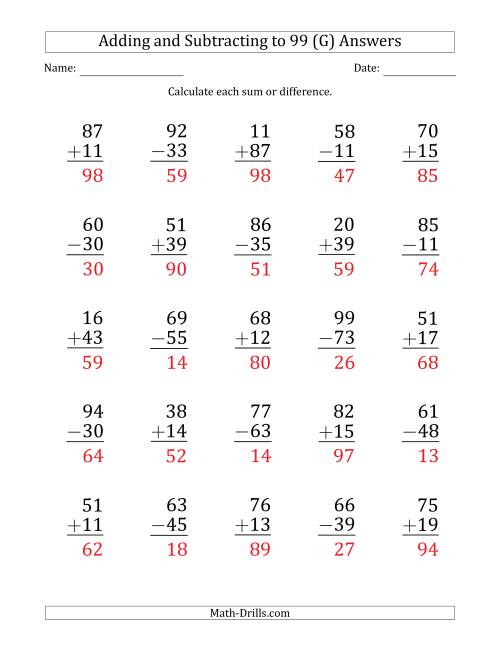 The Large Print Adding and Subtracting 2-Digit Numbers with Sums and Minuends up to 99 (25 Questions) (G) Math Worksheet Page 2
