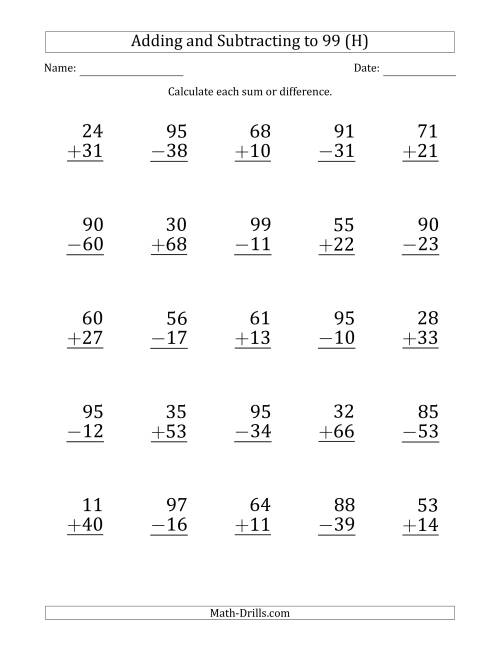 The Large Print Adding and Subtracting 2-Digit Numbers with Sums and Minuends up to 99 (25 Questions) (H) Math Worksheet