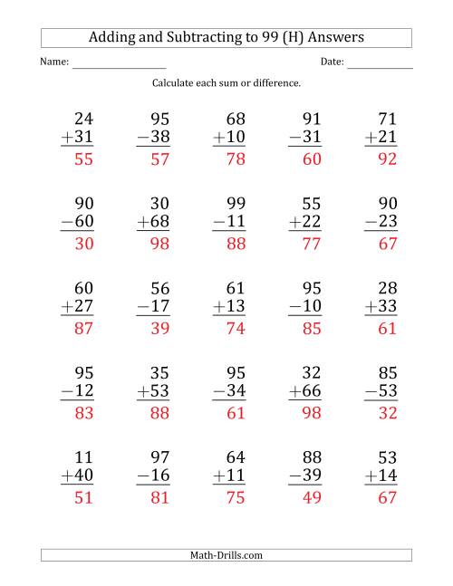 The Large Print Adding and Subtracting 2-Digit Numbers with Sums and Minuends up to 99 (25 Questions) (H) Math Worksheet Page 2