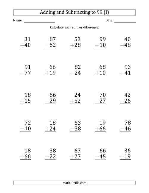 The Large Print Adding and Subtracting 2-Digit Numbers with Sums and Minuends up to 99 (25 Questions) (I) Math Worksheet