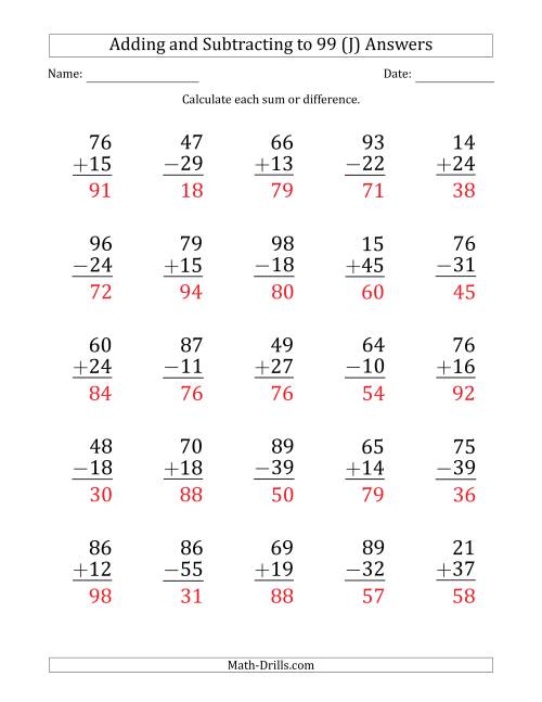 The Large Print Adding and Subtracting 2-Digit Numbers with Sums and Minuends up to 99 (25 Questions) (J) Math Worksheet Page 2