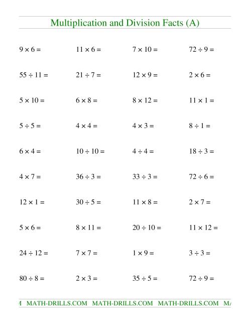 The Multiplying and Dividing Facts to 144 (A) Math Worksheet