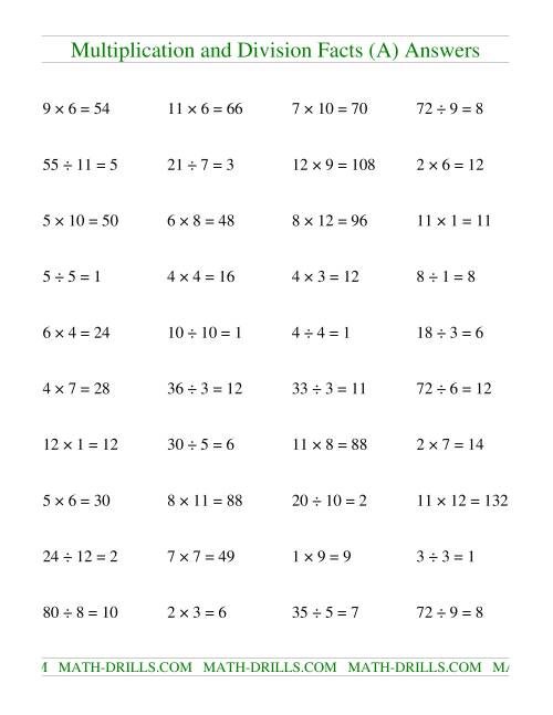 The Multiplying and Dividing Facts to 144 (A) Math Worksheet Page 2