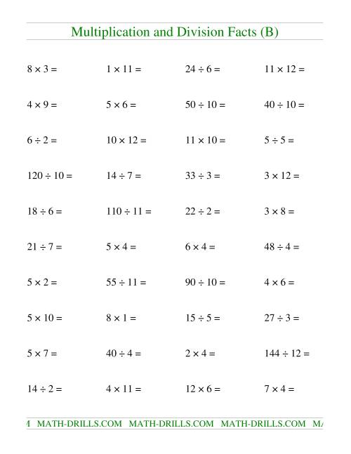 The Multiplying and Dividing Facts to 144 (B) Math Worksheet