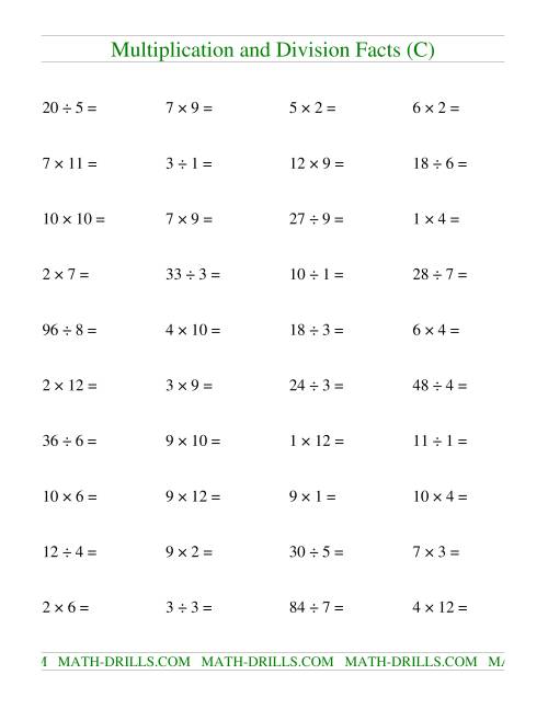 The Multiplying and Dividing Facts to 144 (C) Math Worksheet