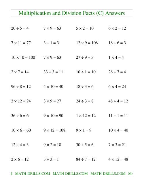 The Multiplying and Dividing Facts to 144 (C) Math Worksheet Page 2