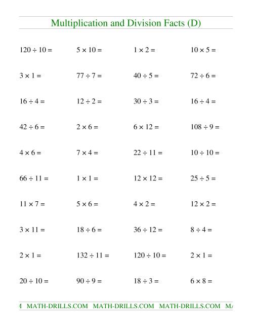 The Multiplying and Dividing Facts to 144 (D) Math Worksheet