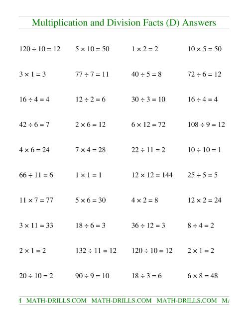 The Multiplying and Dividing Facts to 144 (D) Math Worksheet Page 2