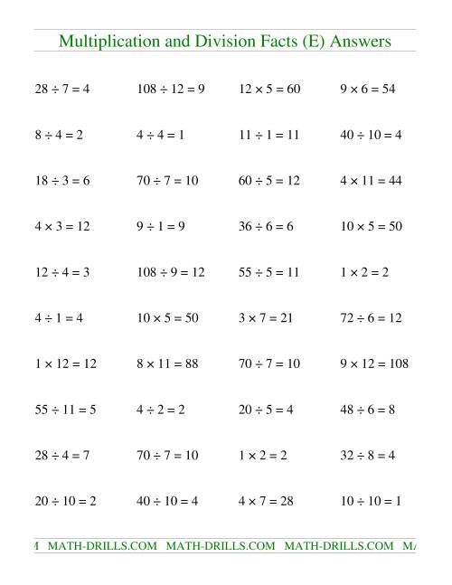 The Multiplying and Dividing Facts to 144 (E) Math Worksheet Page 2