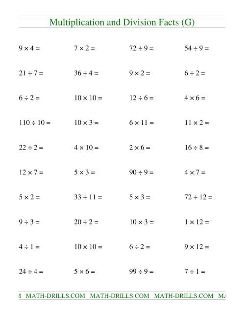 The Multiplying and Dividing Facts to 144 (G) Math Worksheet