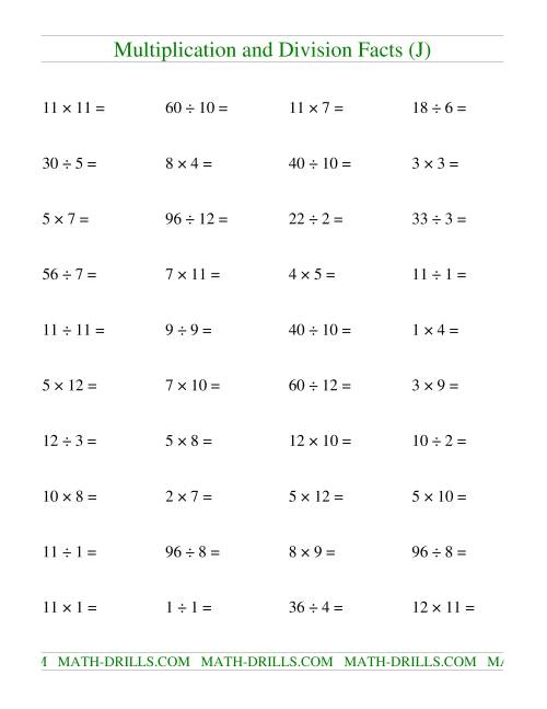 The Multiplying and Dividing Facts to 144 (J) Math Worksheet
