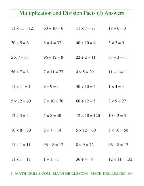 The Multiplying and Dividing Facts to 144 (J) Math Worksheet Page 2