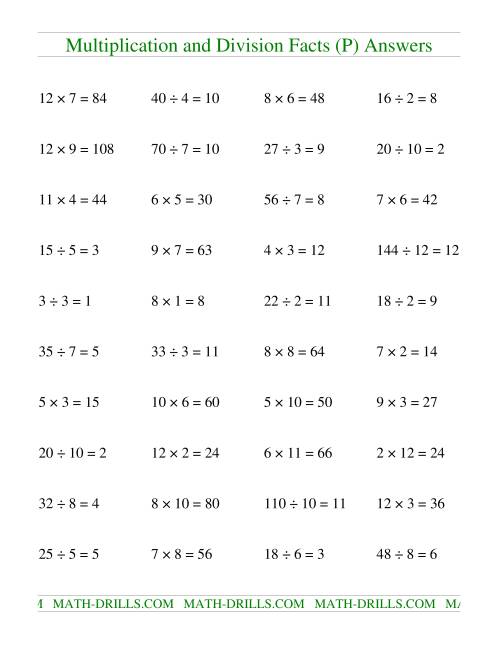 The Multiplying and Dividing Facts to 144 (P) Math Worksheet Page 2