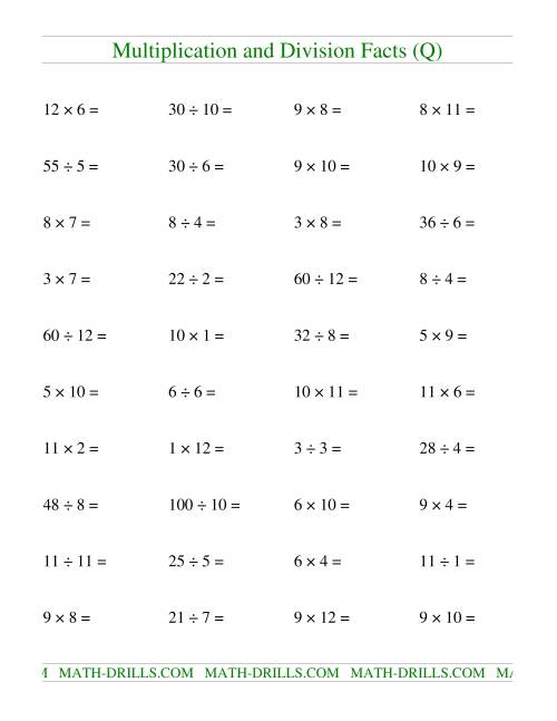 The Multiplying and Dividing Facts to 144 (Q) Math Worksheet