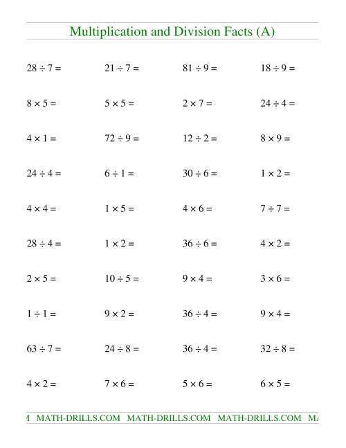 The Multiplying and Dividing Facts to 81 (A) Math Worksheet