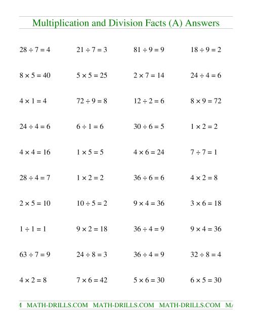 The Multiplying and Dividing Facts to 81 (A) Math Worksheet Page 2