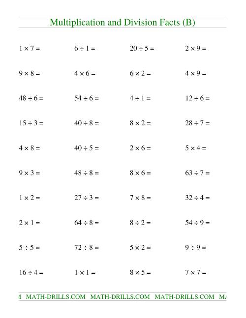 The Multiplying and Dividing Facts to 81 (B) Math Worksheet