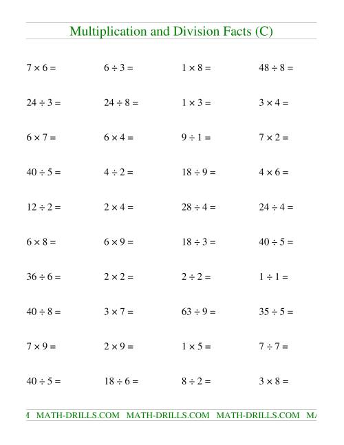 The Multiplying and Dividing Facts to 81 (C) Math Worksheet