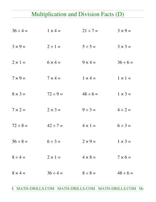 The Multiplying and Dividing Facts to 81 (D) Math Worksheet