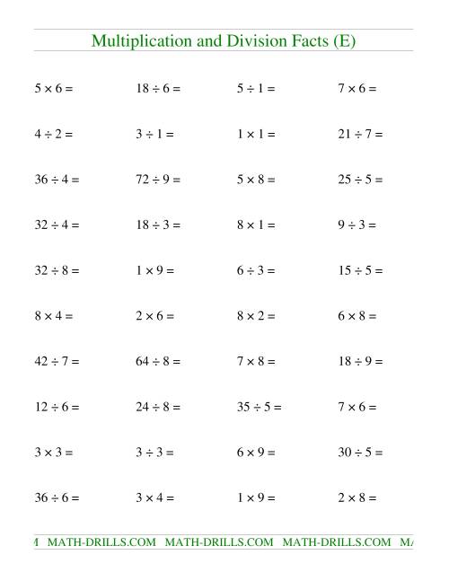 The Multiplying and Dividing Facts to 81 (E) Math Worksheet