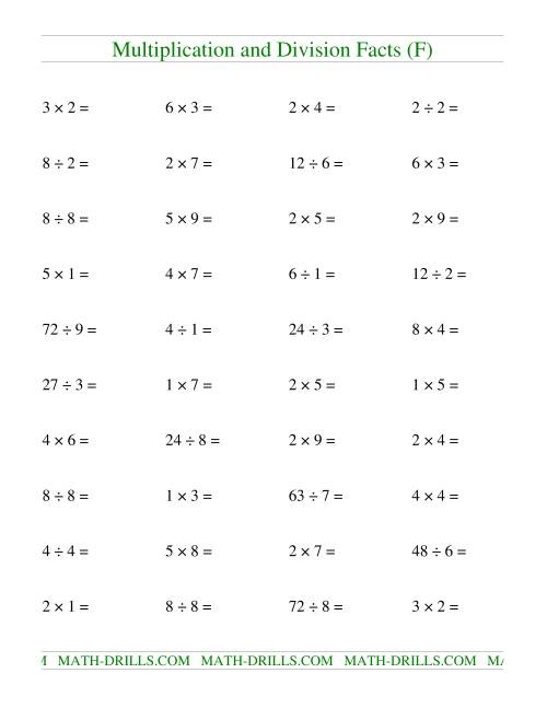 The Multiplying and Dividing Facts to 81 (F) Math Worksheet