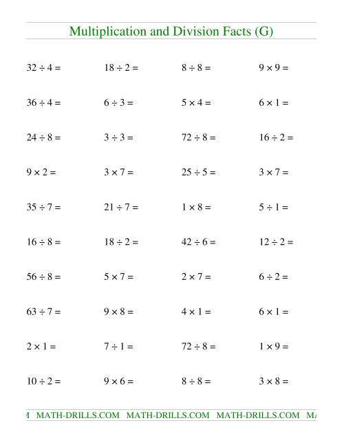 The Multiplying and Dividing Facts to 81 (G) Math Worksheet