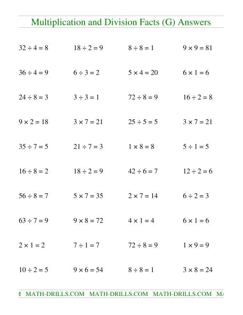 The Multiplying and Dividing Facts to 81 (G) Math Worksheet Page 2