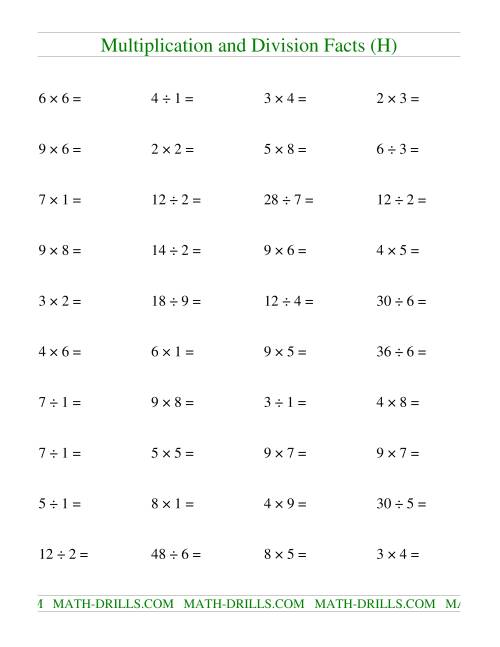 The Multiplying and Dividing Facts to 81 (H) Math Worksheet