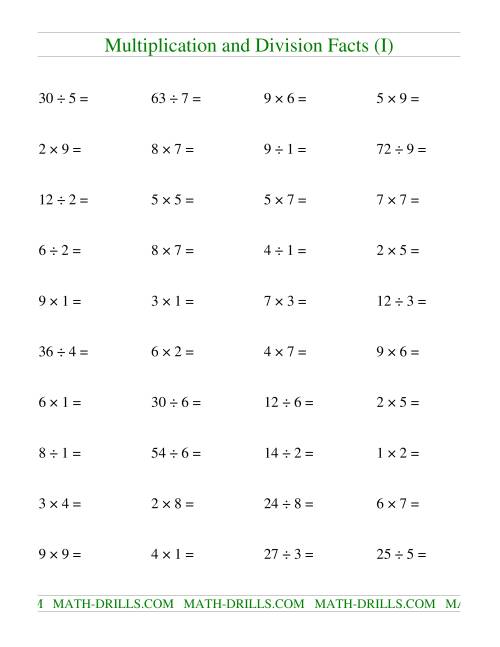 The Multiplying and Dividing Facts to 81 (I) Math Worksheet