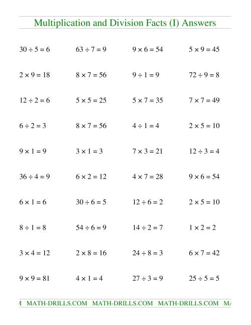 The Multiplying and Dividing Facts to 81 (I) Math Worksheet Page 2