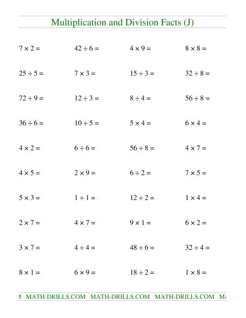 The Multiplying and Dividing Facts to 81 (J) Math Worksheet