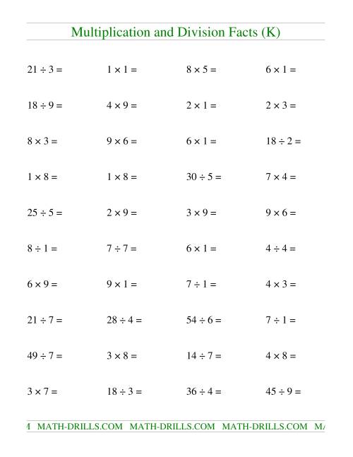 The Multiplying and Dividing Facts to 81 (K) Math Worksheet