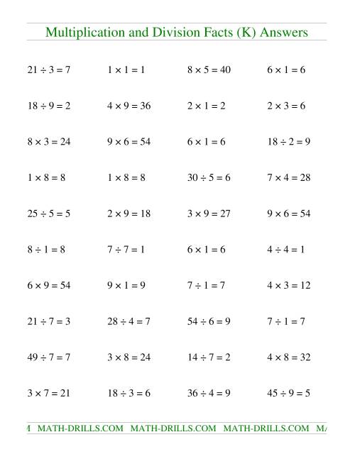 The Multiplying and Dividing Facts to 81 (K) Math Worksheet Page 2