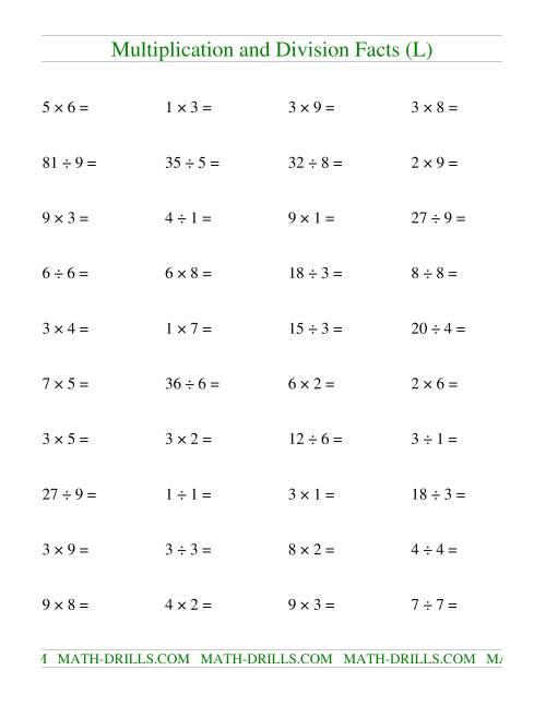The Multiplying and Dividing Facts to 81 (L) Math Worksheet